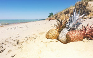 A gold, silver an bronze pineapple on a remote beach