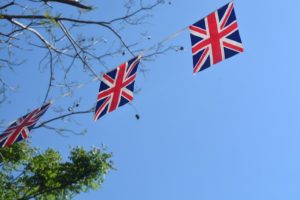 UK flags hung outside on a summers day