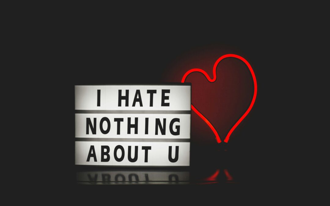 sign saying I hate nothing about you with a heart next to it.