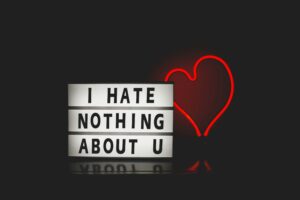 sign saying I hate nothing about you with a heart next to it.